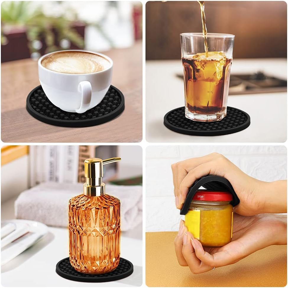 Set of 8 Silicone Drink Coasters - Non-Slip, Washable, Heat Resistant with Grooved Pattern for Home & Office - Black